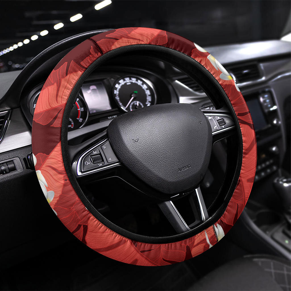 Red Banana Leaf Hawaii Steering Wheel Cover Lau Maia Plumeria Tropical Summer Vibes