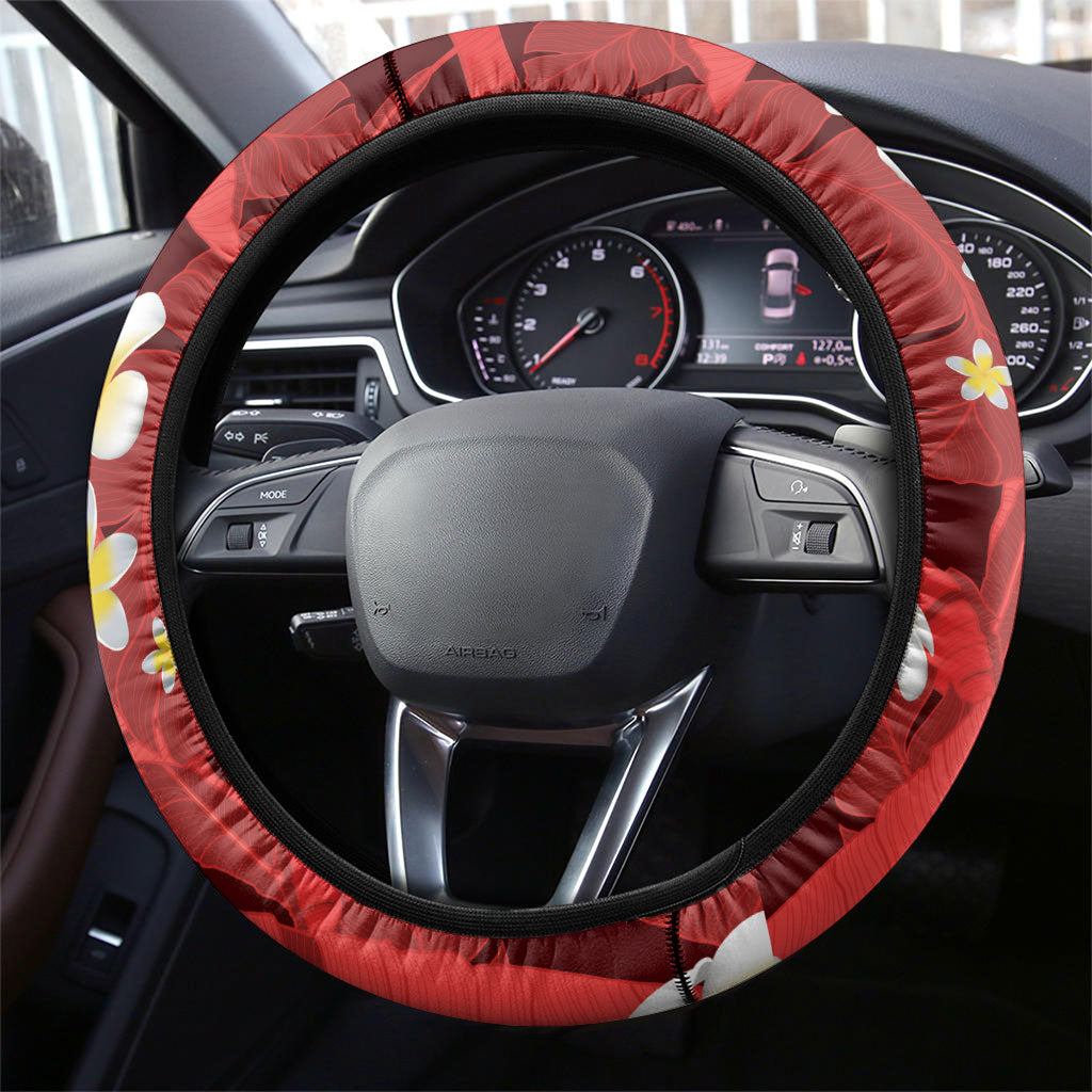 Red Banana Leaf Hawaii Steering Wheel Cover Lau Maia Plumeria Tropical Summer Vibes