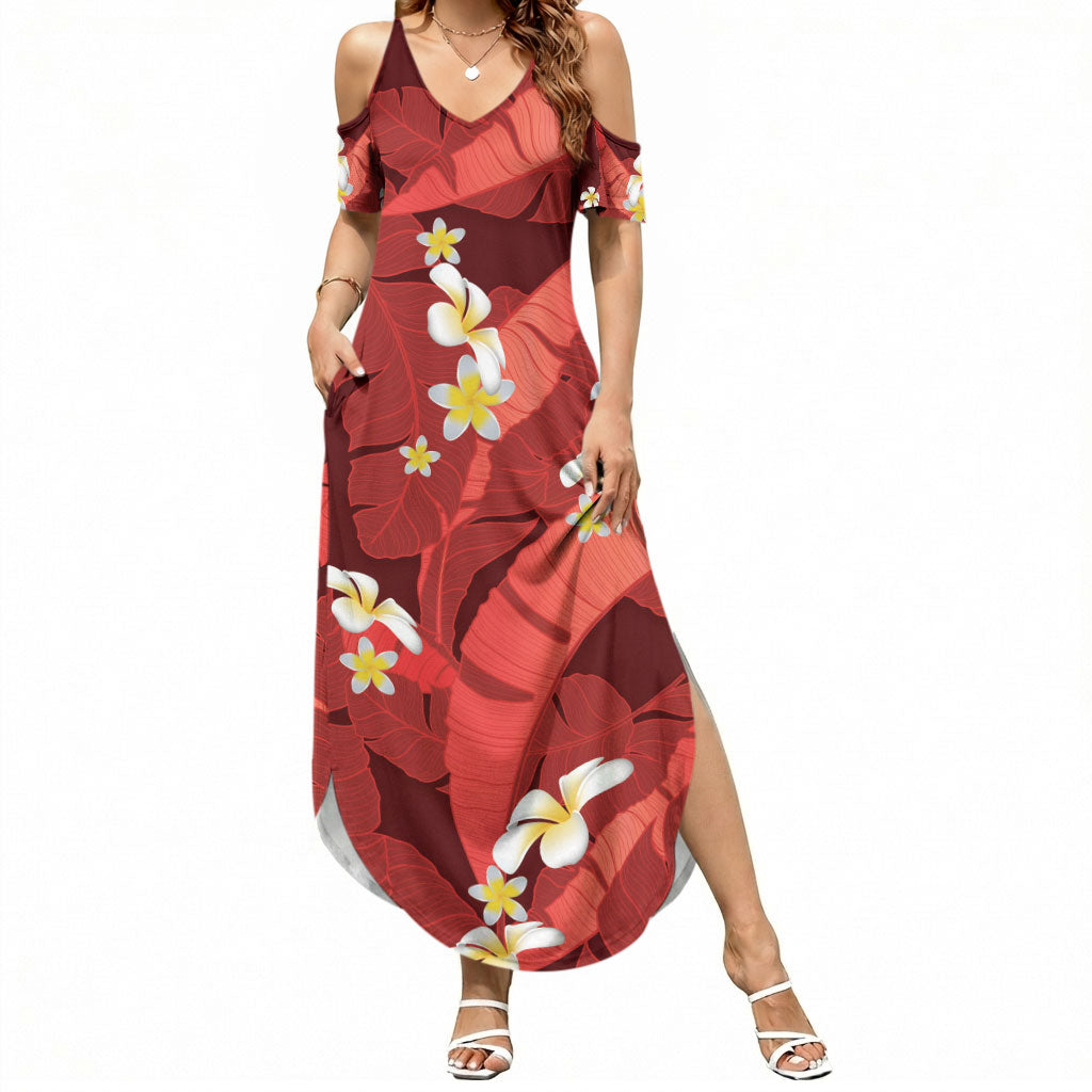 Red Banana Leaf Hawaii Summer Maxi Dress Lau Maia Plumeria Tropical Summer Vibes