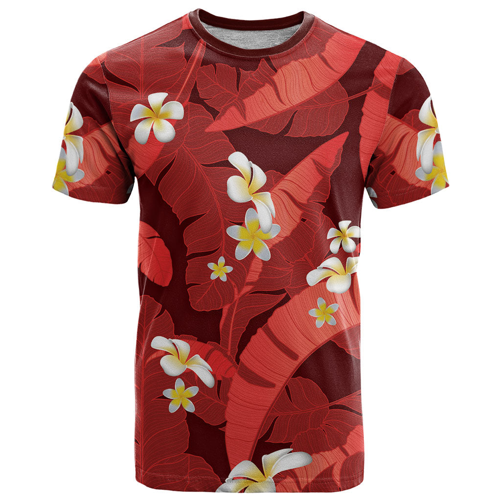 Red Banana Leaf Hawaii T Shirt Lau Maia Plumeria Tropical Summer Vibes