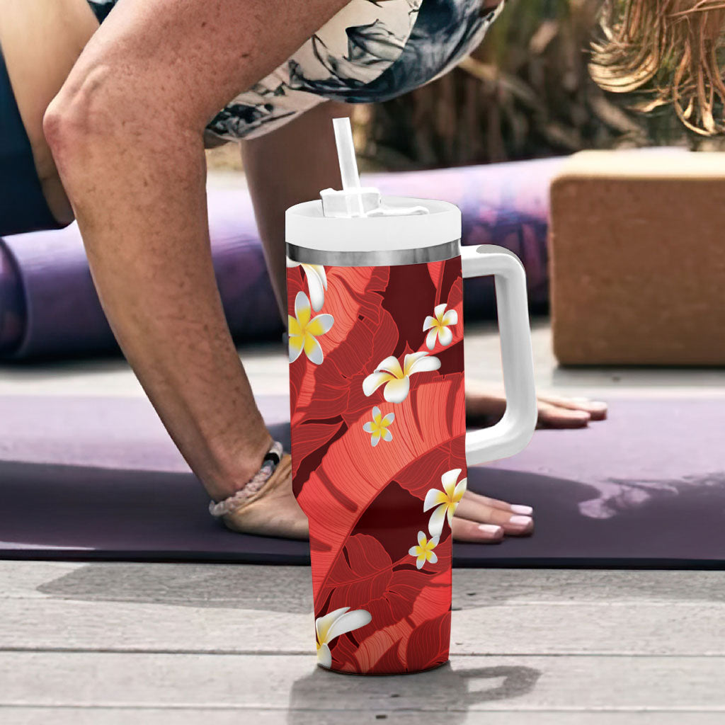 Red Banana Leaf Hawaii Tumbler With Handle Lau Maia Plumeria Tropical Summer Vibes