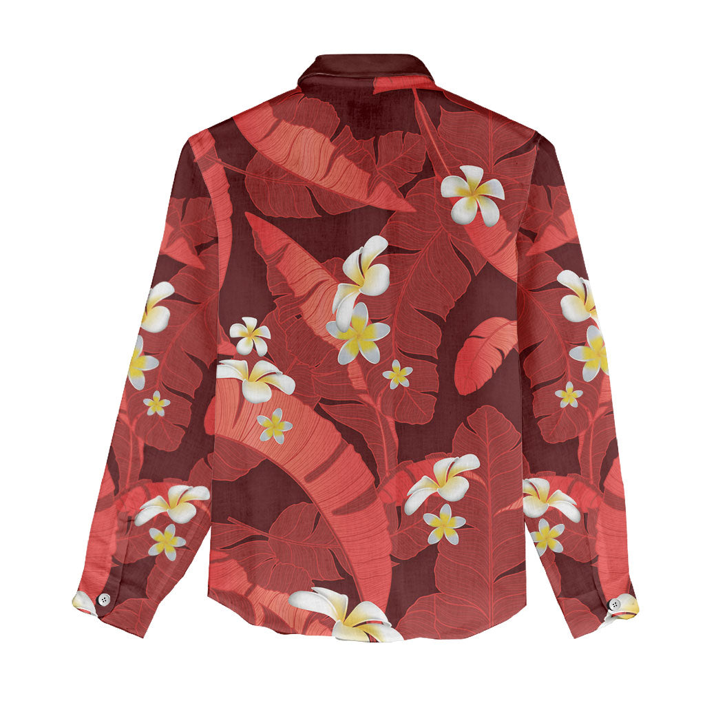 Red Banana Leaf Hawaii Women Casual Shirt Lau Maia Plumeria Tropical Summer Vibes