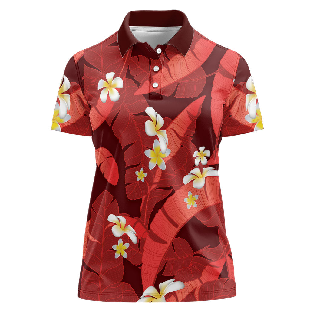 Red Banana Leaf Hawaii Women Polo Shirt Lau Maia Plumeria Tropical Summer Vibes