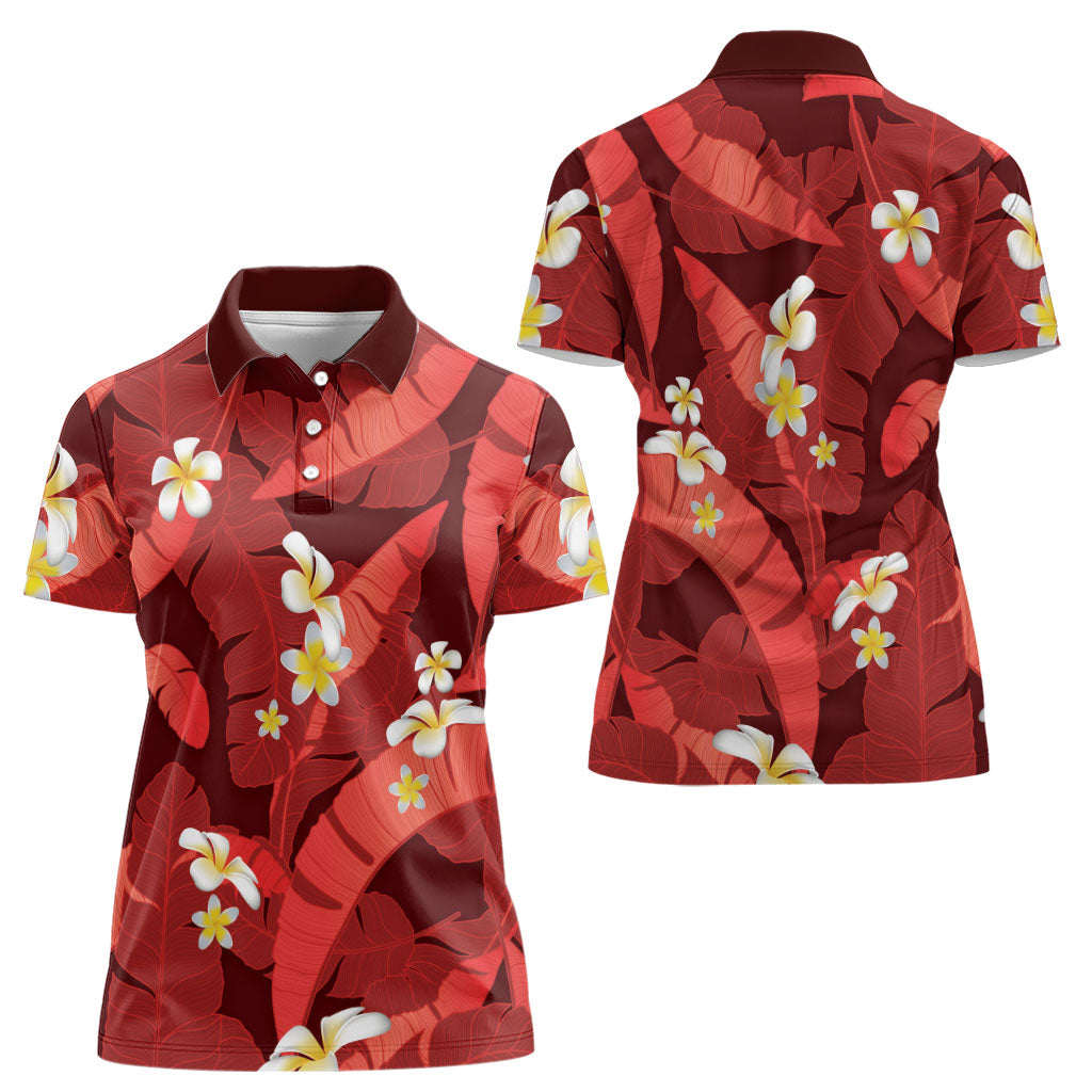 Red Banana Leaf Hawaii Women Polo Shirt Lau Maia Plumeria Tropical Summer Vibes