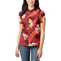 Red Banana Leaf Hawaii Women Polo Shirt Lau Maia Plumeria Tropical Summer Vibes