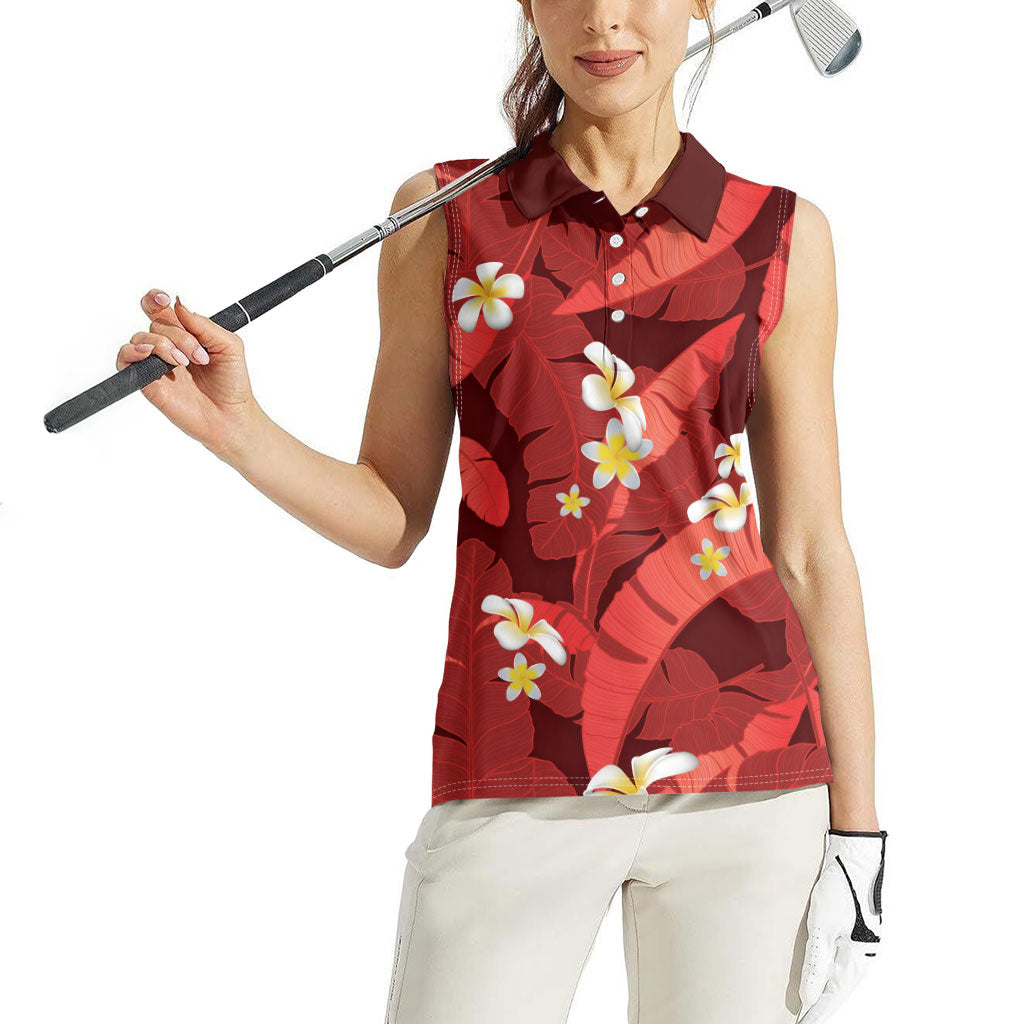 Red Banana Leaf Hawaii Women Sleeveless Polo Shirt Lau Maia Plumeria Tropical Summer Vibes