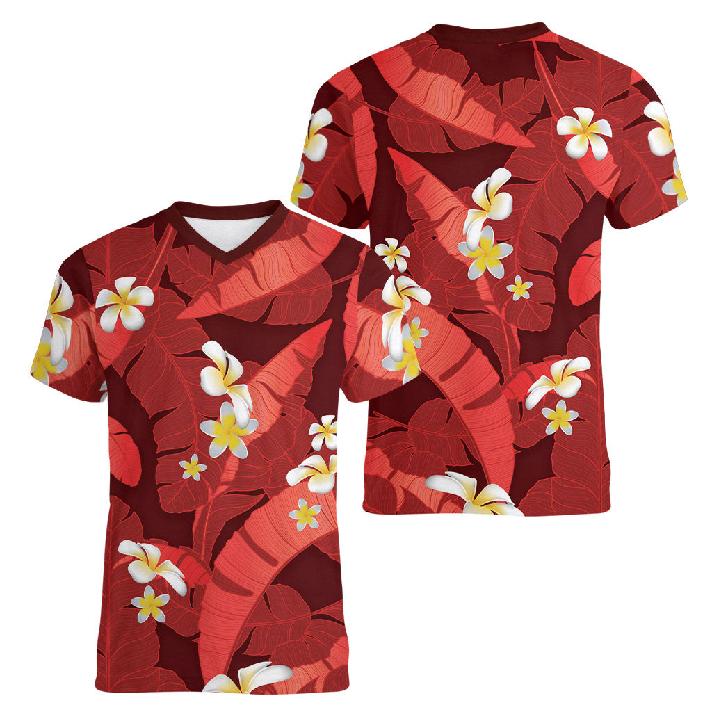 Red Banana Leaf Hawaii Women V-Neck T-Shirt Lau Maia Plumeria Tropical Summer Vibes