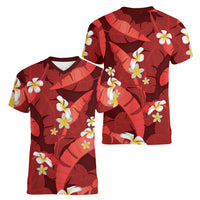 Red Banana Leaf Hawaii Women V-Neck T-Shirt Lau Maia Plumeria Tropical Summer Vibes