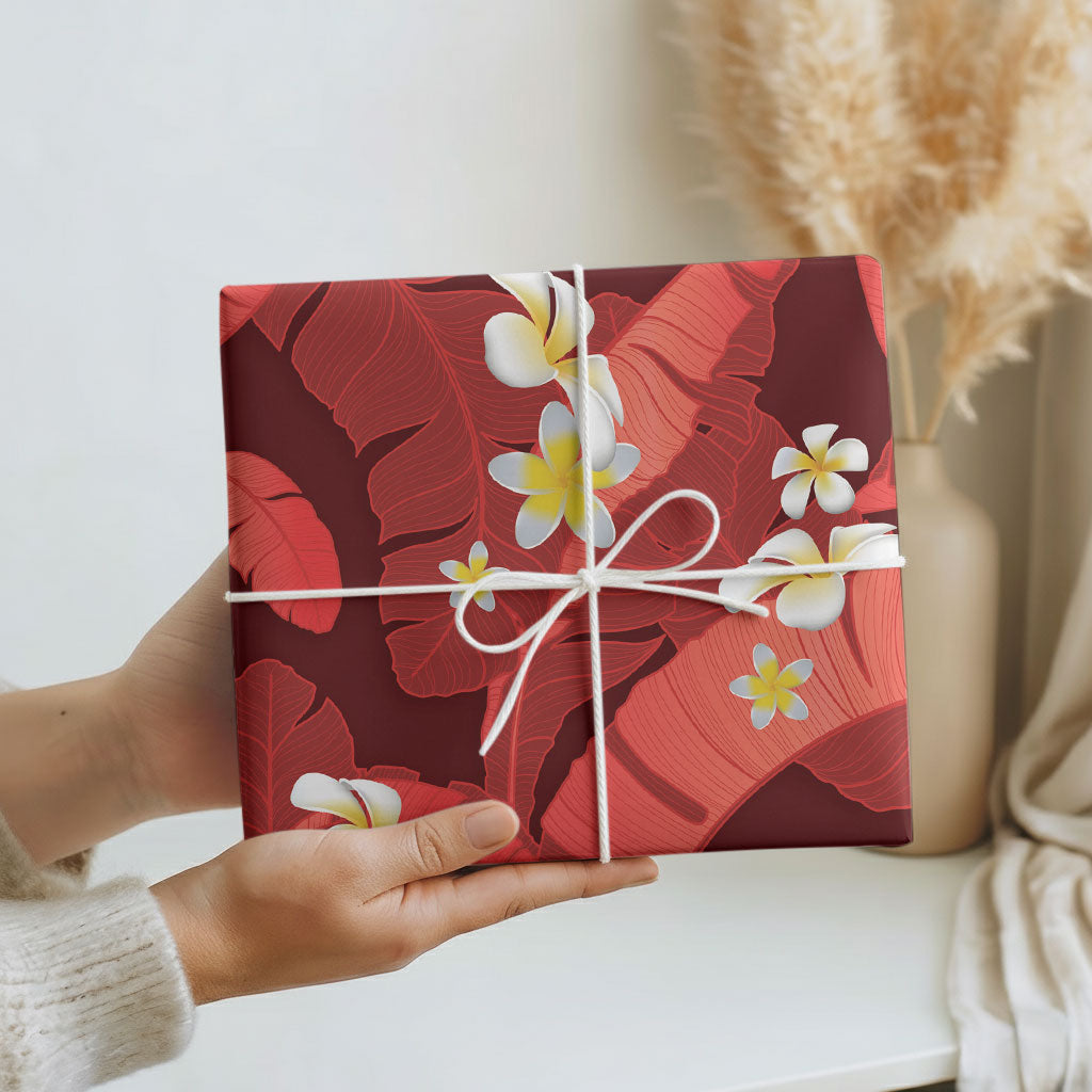 Red Banana Leaf Hawaii Wrapping Paper Lau Maia Plumeria Tropical Summer Vibes