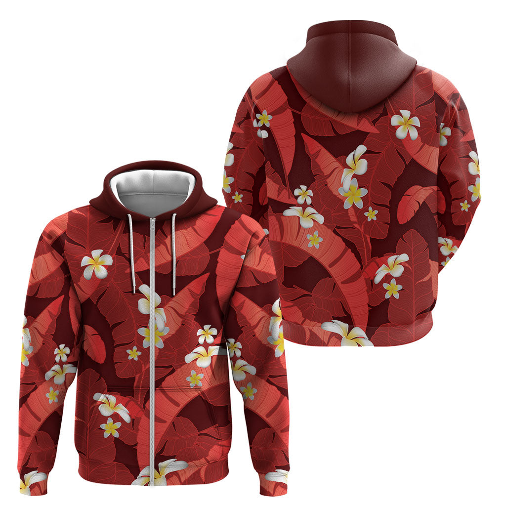 Red Banana Leaf Hawaii Zip Hoodie Lau Maia Plumeria Tropical Summer Vibes