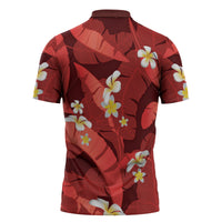 Red Banana Leaf Hawaii Zipper Polo Shirt Lau Maia Plumeria Tropical Summer Vibes