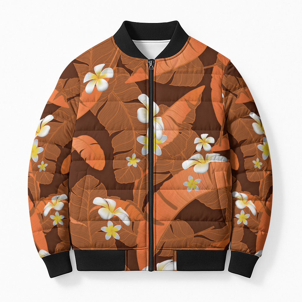 Orange Banana Leaf Hawaii Bomber Puffer Jacket Lau Maia Plumeria Tropical Summer Vibes