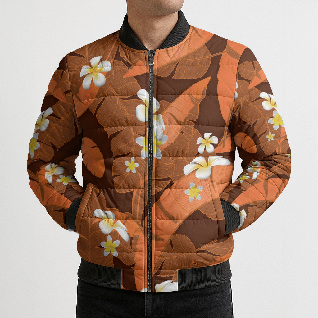 Orange Banana Leaf Hawaii Bomber Puffer Jacket Lau Maia Plumeria Tropical Summer Vibes
