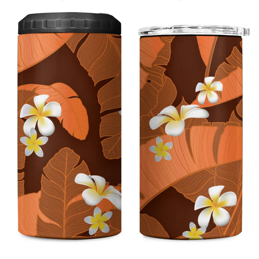 Orange Banana Leaf Hawaii 4 in 1 Can Cooler Tumbler Lau Maia Plumeria Tropical Summer Vibes