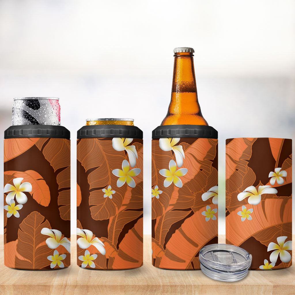 Orange Banana Leaf Hawaii 4 in 1 Can Cooler Tumbler Lau Maia Plumeria Tropical Summer Vibes