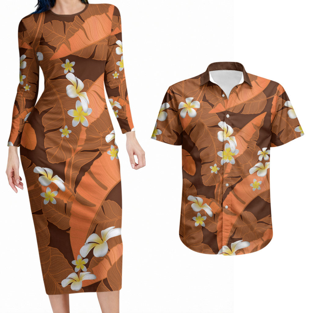 Orange Banana Leaf Hawaii Couples Matching Long Sleeve Bodycon Dress and Hawaiian Shirt Lau Maia Plumeria Tropical Summer Vibes