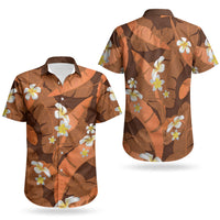 Orange Banana Leaf Hawaii Couples Matching Long Sleeve Bodycon Dress and Hawaiian Shirt Lau Maia Plumeria Tropical Summer Vibes