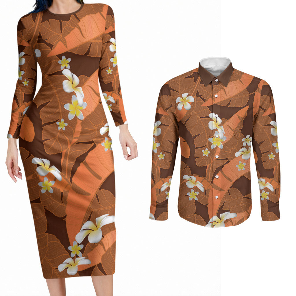 Orange Banana Leaf Hawaii Couples Matching Long Sleeve Bodycon Dress and Long Sleeve Button Shirt Lau Maia Plumeria Tropical Summer Vibes