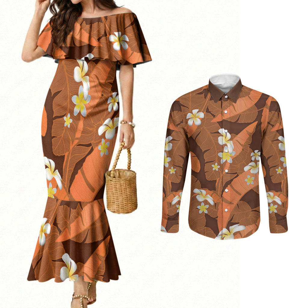 Orange Banana Leaf Hawaii Couples Matching Mermaid Dress and Long Sleeve Button Shirt Lau Maia Plumeria Tropical Summer Vibes