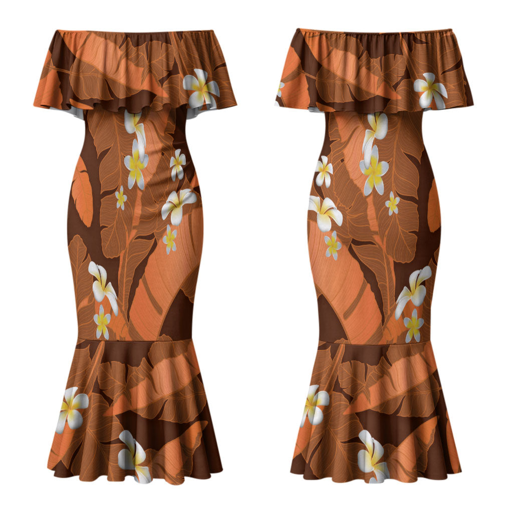 Orange Banana Leaf Hawaii Couples Matching Mermaid Dress and Long Sleeve Button Shirt Lau Maia Plumeria Tropical Summer Vibes