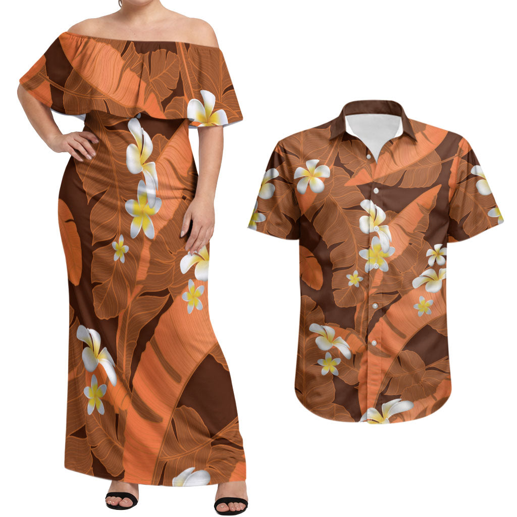Orange Banana Leaf Hawaii Couples Matching Off Shoulder Maxi Dress and Hawaiian Shirt Lau Maia Plumeria Tropical Summer Vibes