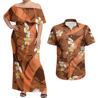 Orange Banana Leaf Hawaii Couples Matching Off Shoulder Maxi Dress and Hawaiian Shirt Lau Maia Plumeria Tropical Summer Vibes