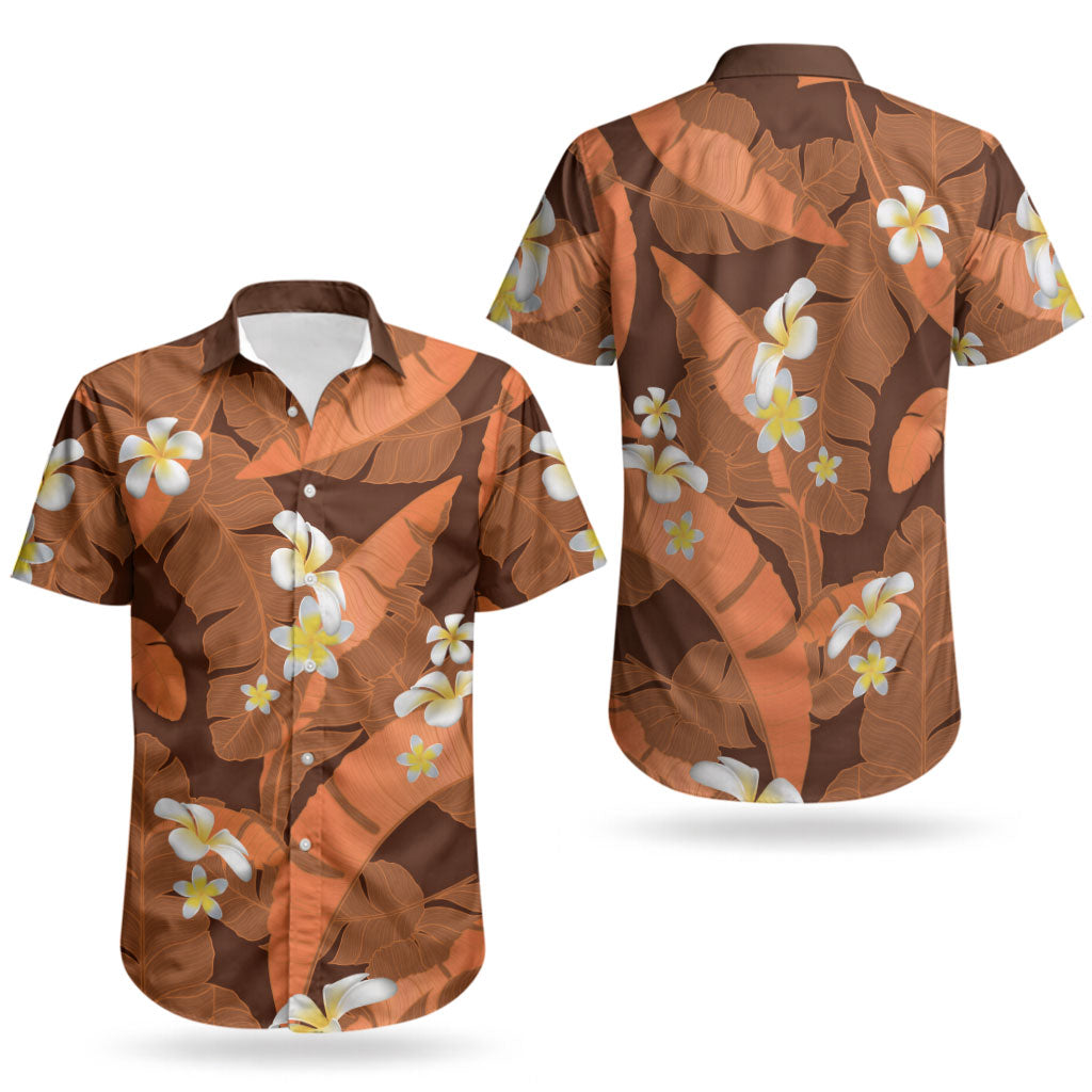 Orange Banana Leaf Hawaii Couples Matching Off Shoulder Maxi Dress and Hawaiian Shirt Lau Maia Plumeria Tropical Summer Vibes