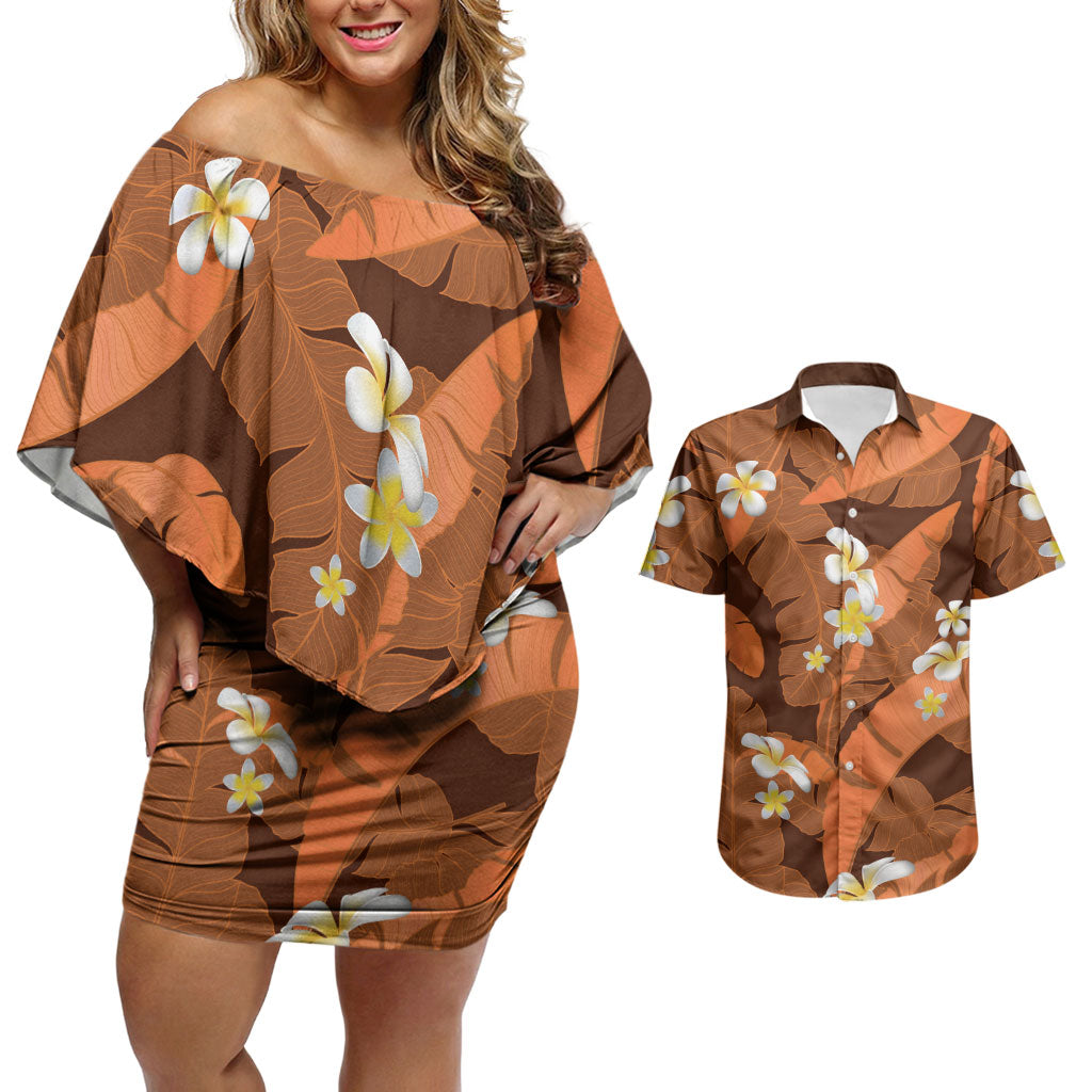 Orange Banana Leaf Hawaii Couples Matching Off Shoulder Short Dress and Hawaiian Shirt Lau Maia Plumeria Tropical Summer Vibes