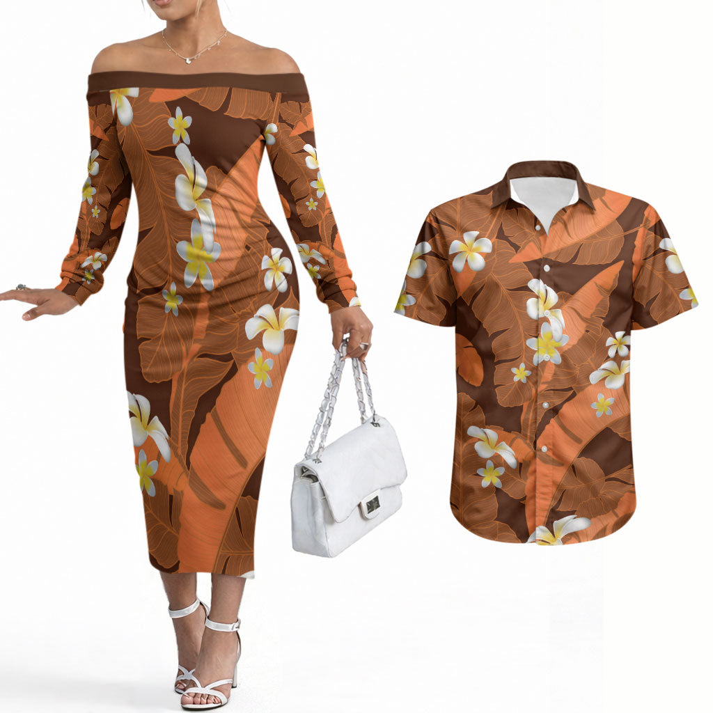 Orange Banana Leaf Hawaii Couples Matching Off The Shoulder Long Sleeve Dress and Hawaiian Shirt Lau Maia Plumeria Tropical Summer Vibes
