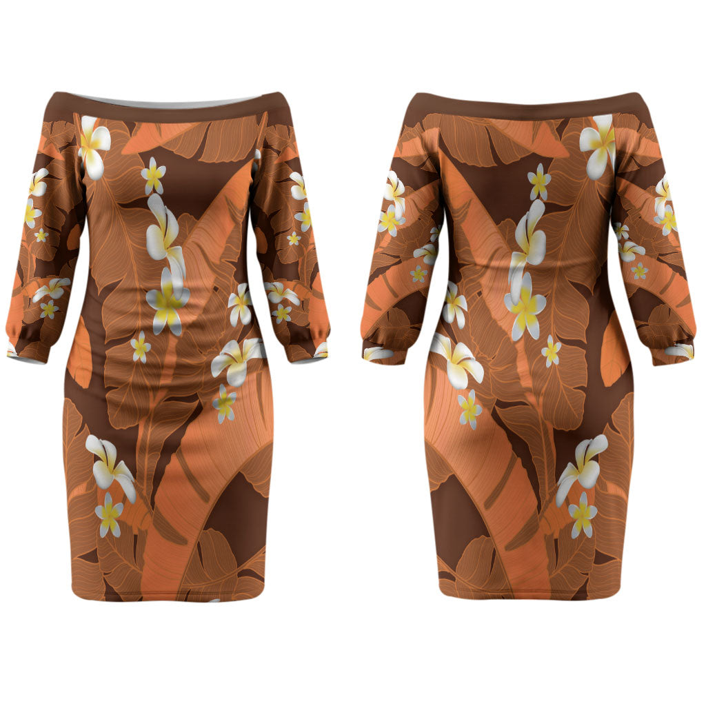 Orange Banana Leaf Hawaii Couples Matching Off The Shoulder Long Sleeve Dress and Hawaiian Shirt Lau Maia Plumeria Tropical Summer Vibes