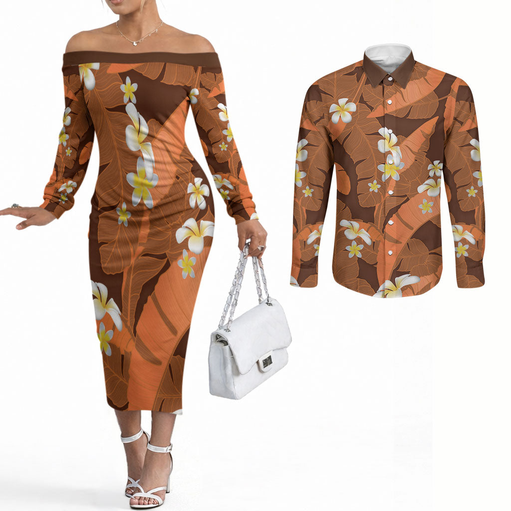 Orange Banana Leaf Hawaii Couples Matching Off The Shoulder Long Sleeve Dress and Long Sleeve Button Shirt Lau Maia Plumeria Tropical Summer Vibes