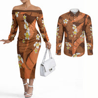 Orange Banana Leaf Hawaii Couples Matching Off The Shoulder Long Sleeve Dress and Long Sleeve Button Shirt Lau Maia Plumeria Tropical Summer Vibes