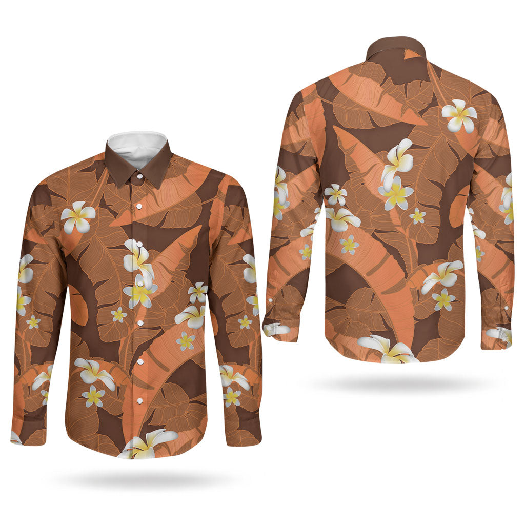 Orange Banana Leaf Hawaii Couples Matching Off The Shoulder Long Sleeve Dress and Long Sleeve Button Shirt Lau Maia Plumeria Tropical Summer Vibes