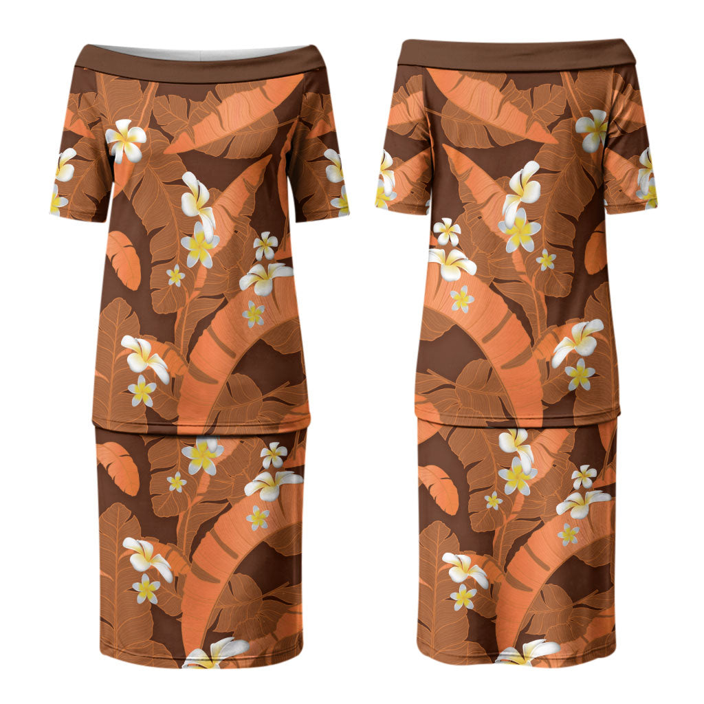 Orange Banana Leaf Hawaii Couples Matching Puletasi and Hawaiian Shirt Lau Maia Plumeria Tropical Summer Vibes