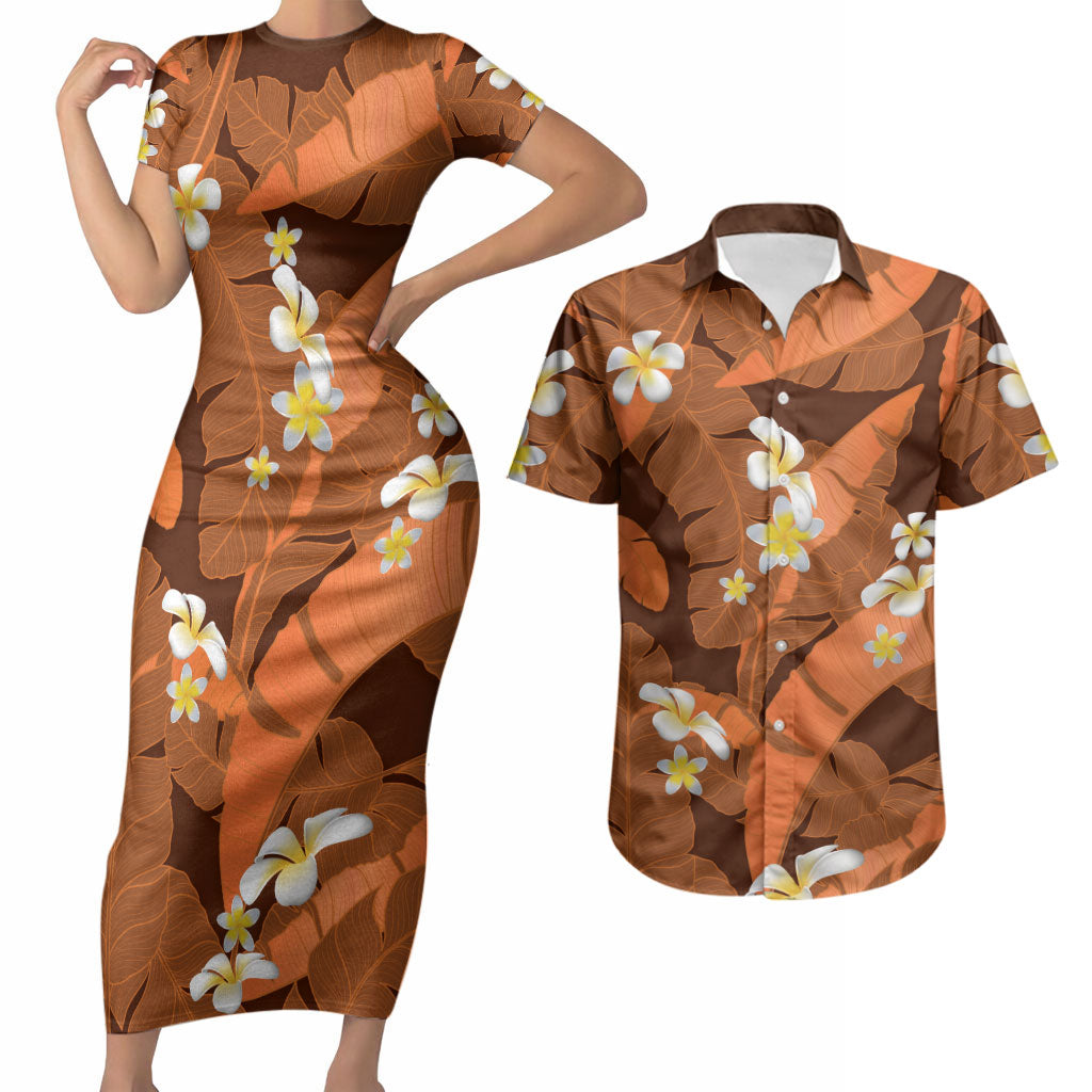 Orange Banana Leaf Hawaii Couples Matching Short Sleeve Bodycon Dress and Hawaiian Shirt Lau Maia Plumeria Tropical Summer Vibes