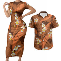 Orange Banana Leaf Hawaii Couples Matching Short Sleeve Bodycon Dress and Hawaiian Shirt Lau Maia Plumeria Tropical Summer Vibes