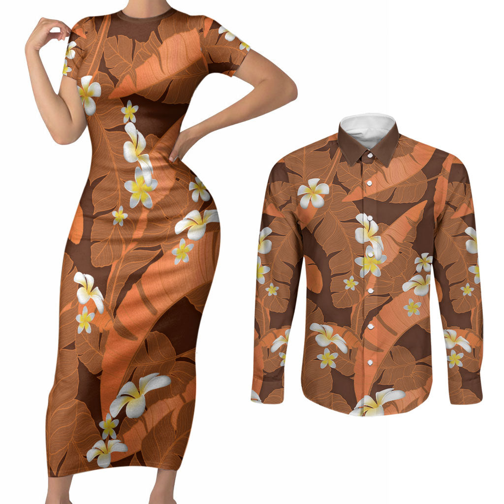 Orange Banana Leaf Hawaii Couples Matching Short Sleeve Bodycon Dress and Long Sleeve Button Shirt Lau Maia Plumeria Tropical Summer Vibes