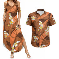 Orange Banana Leaf Hawaii Couples Matching Summer Maxi Dress and Hawaiian Shirt Lau Maia Plumeria Tropical Summer Vibes