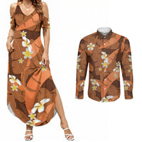 Orange Banana Leaf Hawaii Couples Matching Summer Maxi Dress and Long Sleeve Button Shirt Lau Maia Plumeria Tropical Summer Vibes
