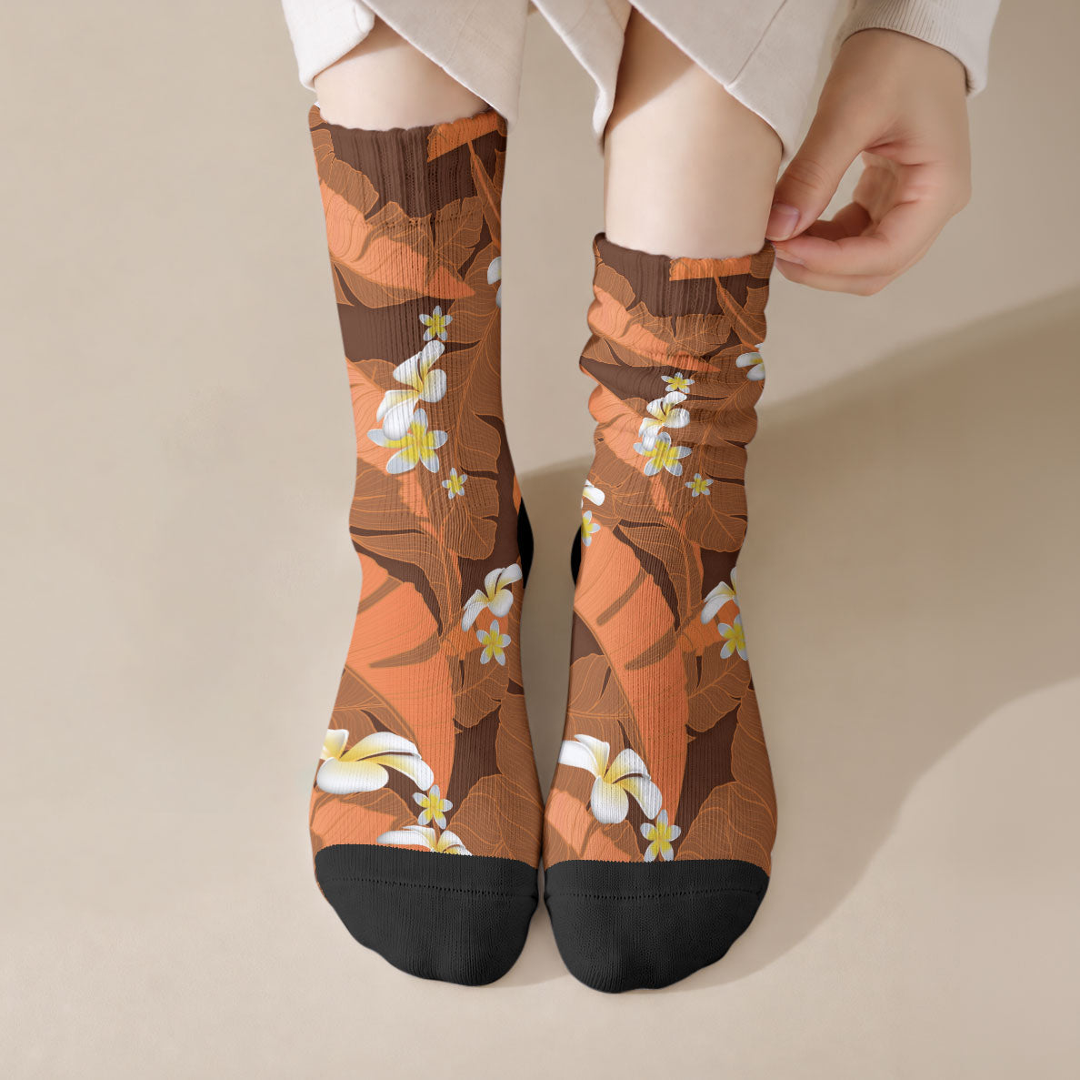 Orange Banana Leaf Hawaii Crew Socks Lau Maia Plumeria Tropical Summer Vibes