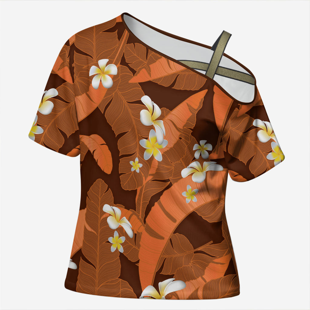 Orange Banana Leaf Hawaii Cross Shoulder Shirt Lau Maia Plumeria Tropical Summer Vibes