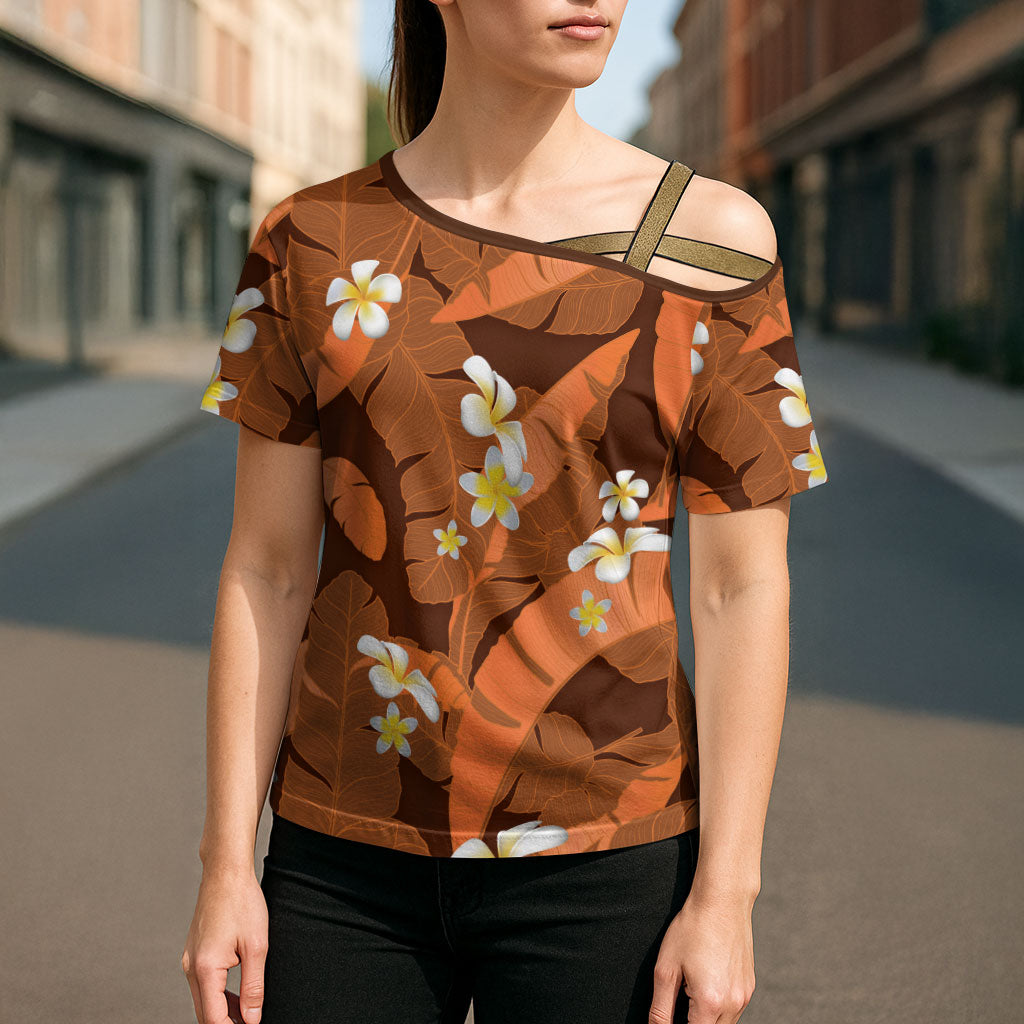 Orange Banana Leaf Hawaii Cross Shoulder Shirt Lau Maia Plumeria Tropical Summer Vibes
