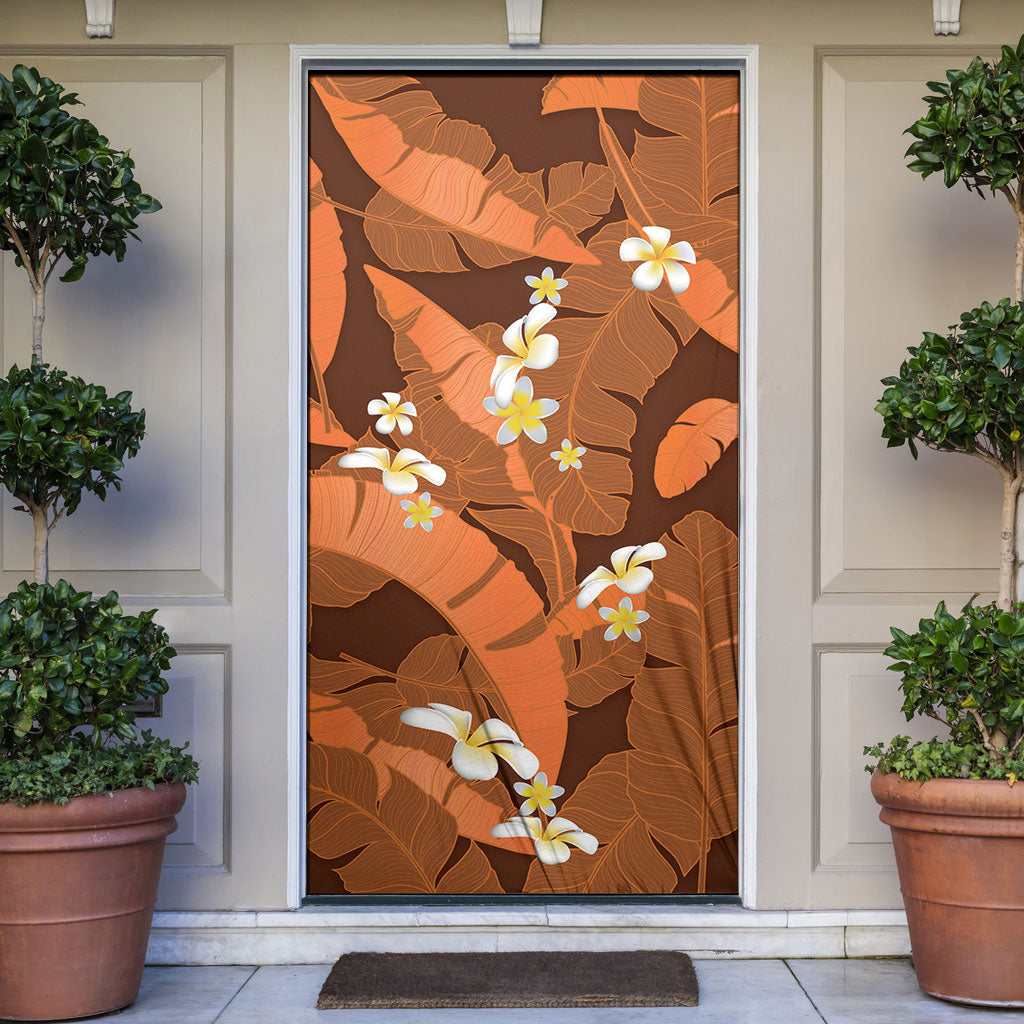 Orange Banana Leaf Hawaii Door Cover Lau Maia Plumeria Tropical Summer Vibes