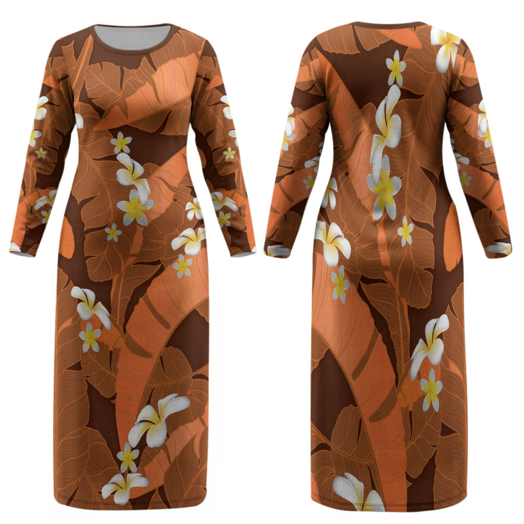Orange Banana Leaf Hawaii Family Matching Long Sleeve Bodycon Dress and Hawaiian Shirt Lau Maia Plumeria Tropical Summer Vibes