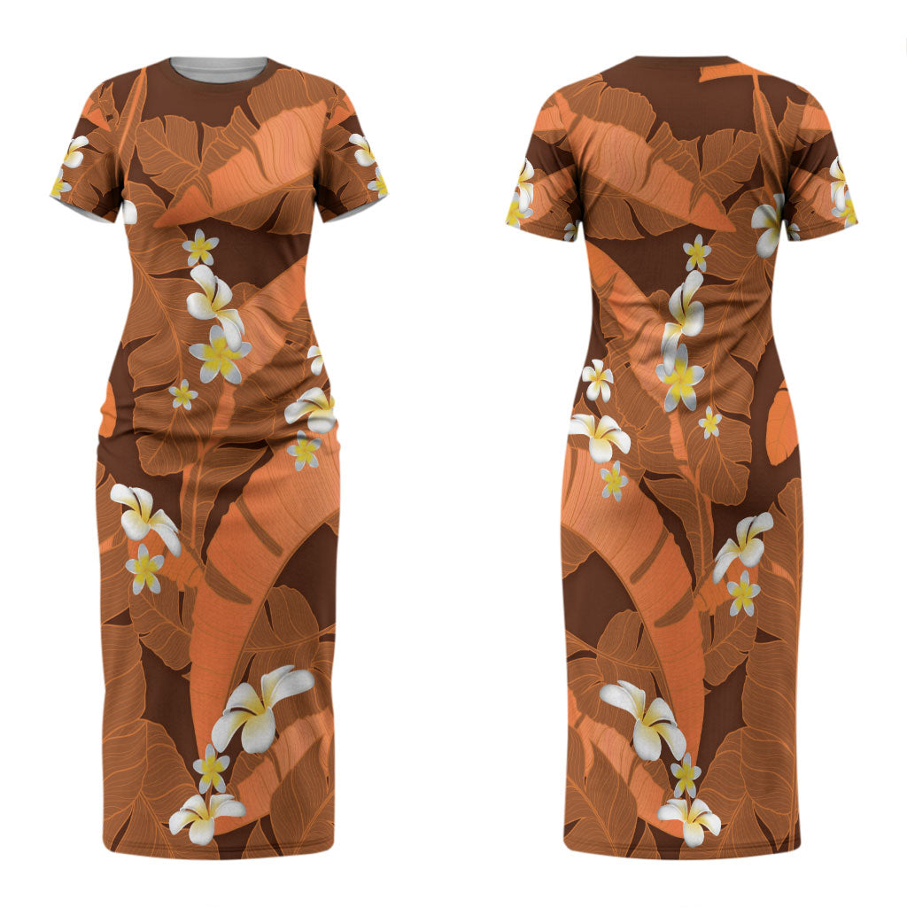 Orange Banana Leaf Hawaii Family Matching Short Sleeve Bodycon Dress and Hawaiian Shirt Lau Maia Plumeria Tropical Summer Vibes