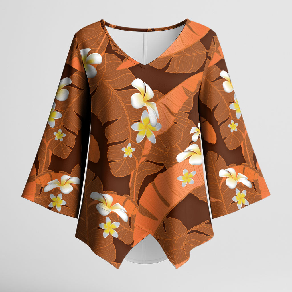 Orange Banana Leaf Hawaii Kimono Sleeve Blouse Lau Maia Plumeria Tropical Summer Vibes