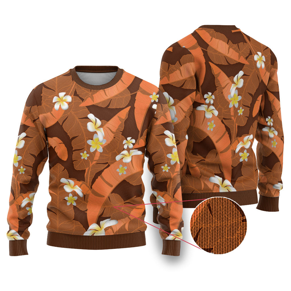 Orange Banana Leaf Hawaii Ugly Christmas Sweater Lau Maia Plumeria Tropical Summer Vibes LT14 Orange - Polynesian Pride