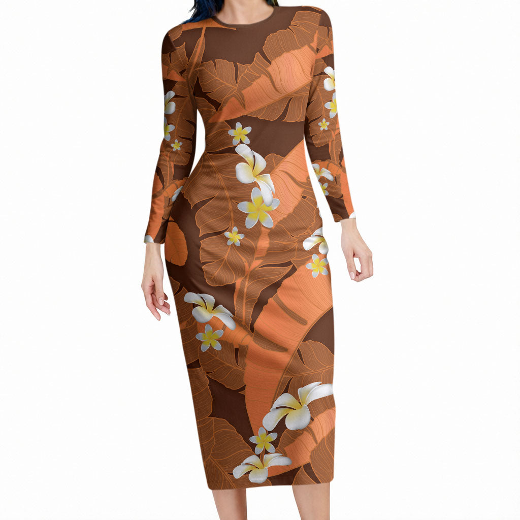 Orange Banana Leaf Hawaii Long Sleeve Bodycon Dress Lau Maia Plumeria Tropical Summer Vibes