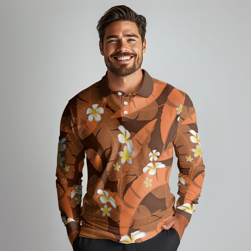 Orange Banana Leaf Hawaii Long Sleeve Polo Shirt Lau Maia Plumeria Tropical Summer Vibes
