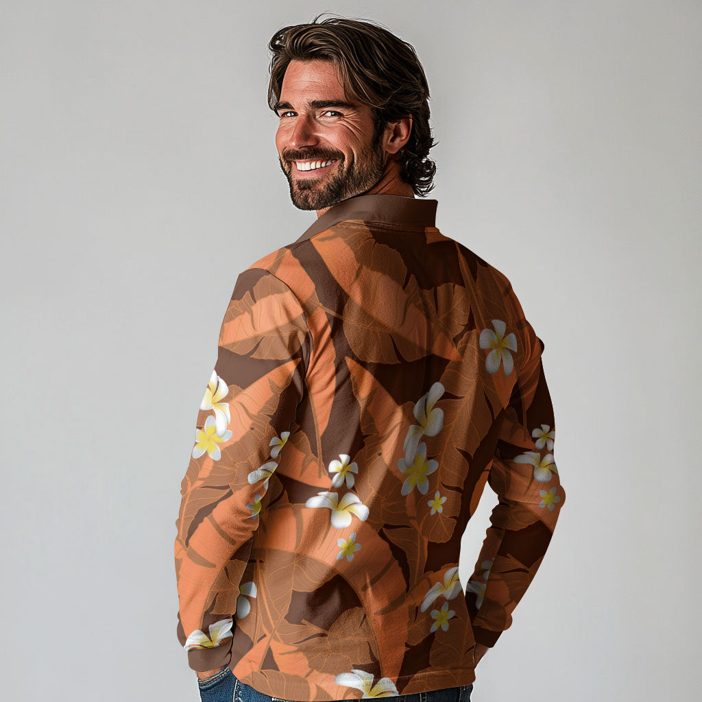 Orange Banana Leaf Hawaii Long Sleeve Polo Shirt Lau Maia Plumeria Tropical Summer Vibes